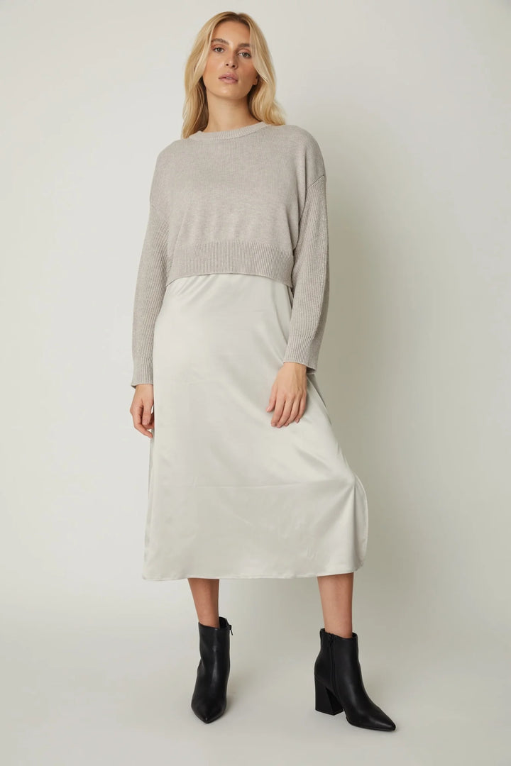 heather grey long sleeve sweater top dress with pewter satin midi bottom