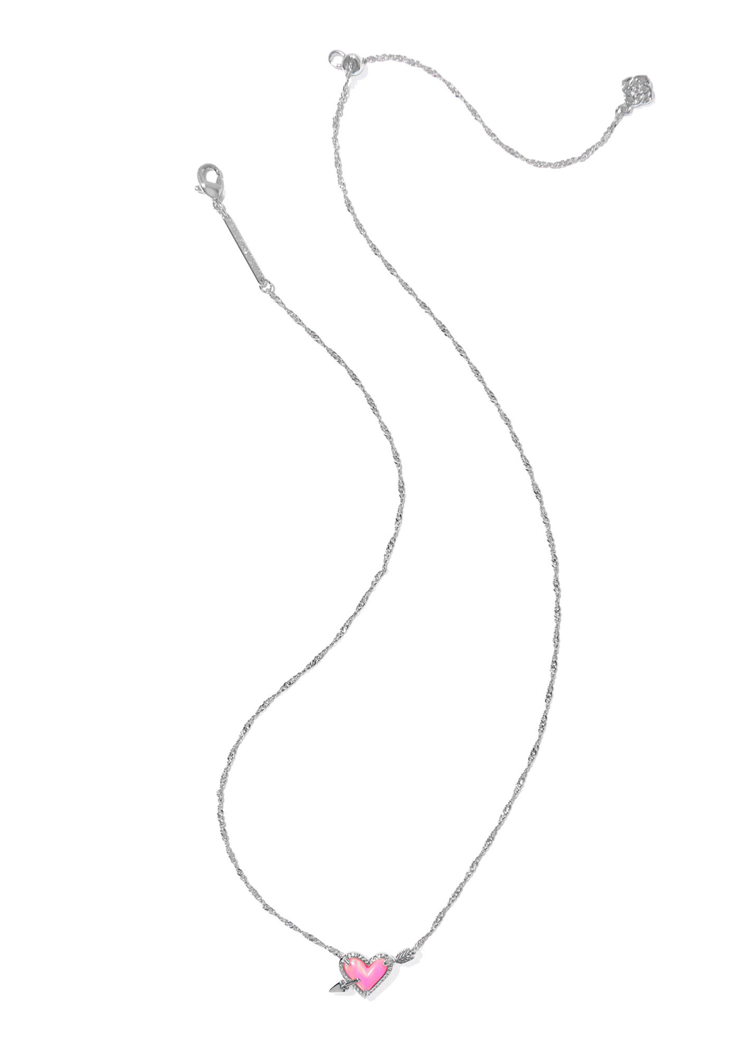 Silver necklace with a pink and silver arrow heart pendant against a white background