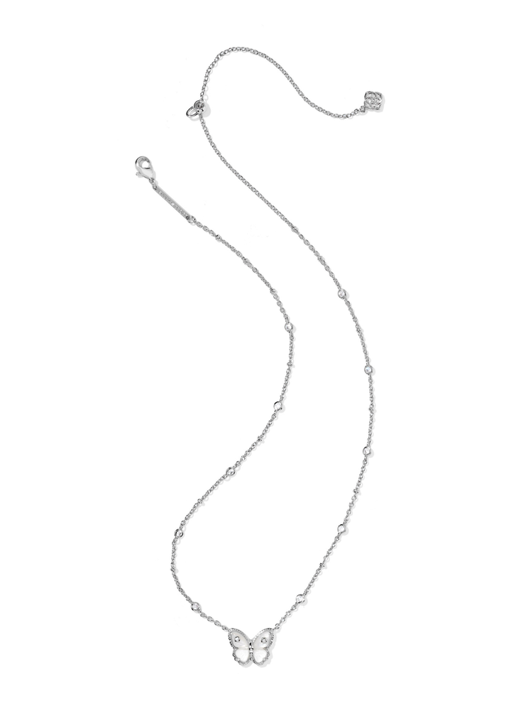 Rhodium necklace with a pearl butterfly pendant on a white background