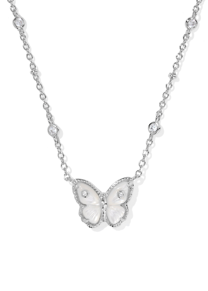 Rhodium necklace with a pearl butterfly pendant on a white background