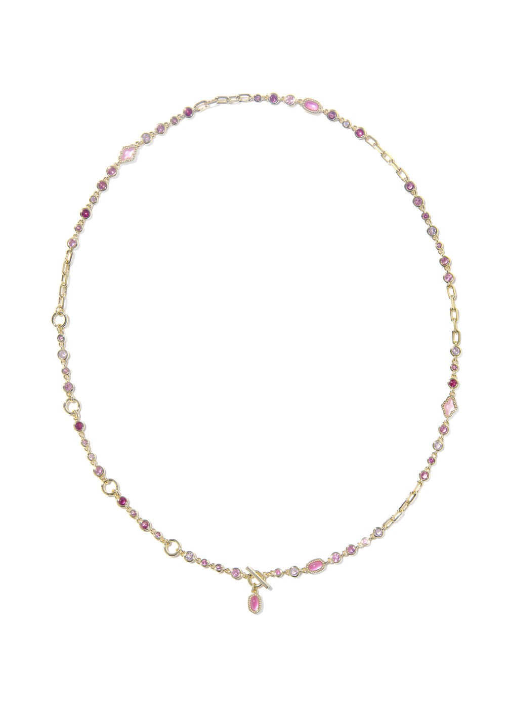 Gold necklace with pink stones against a white background