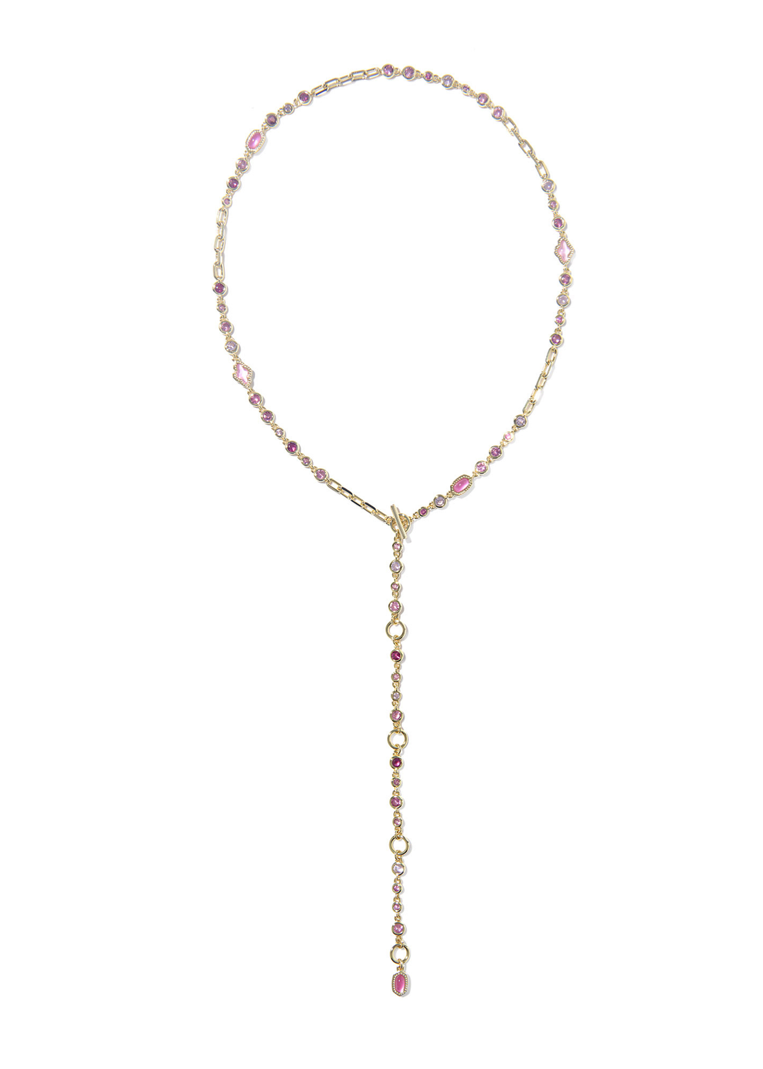 Gold necklace with pink stones against a white background