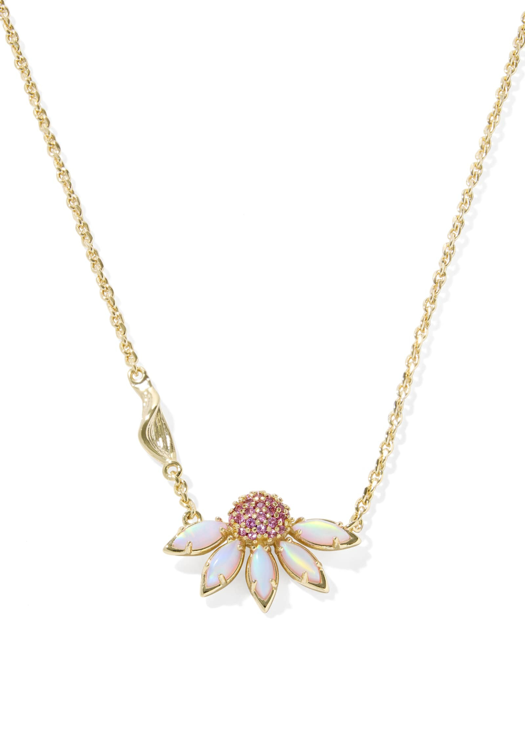 Gold necklace with a pink and white flower pendant