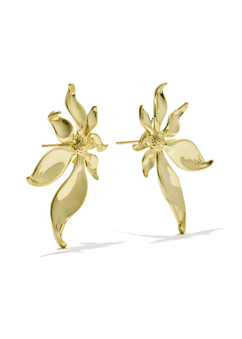 Gold flower stud earrings on a white background