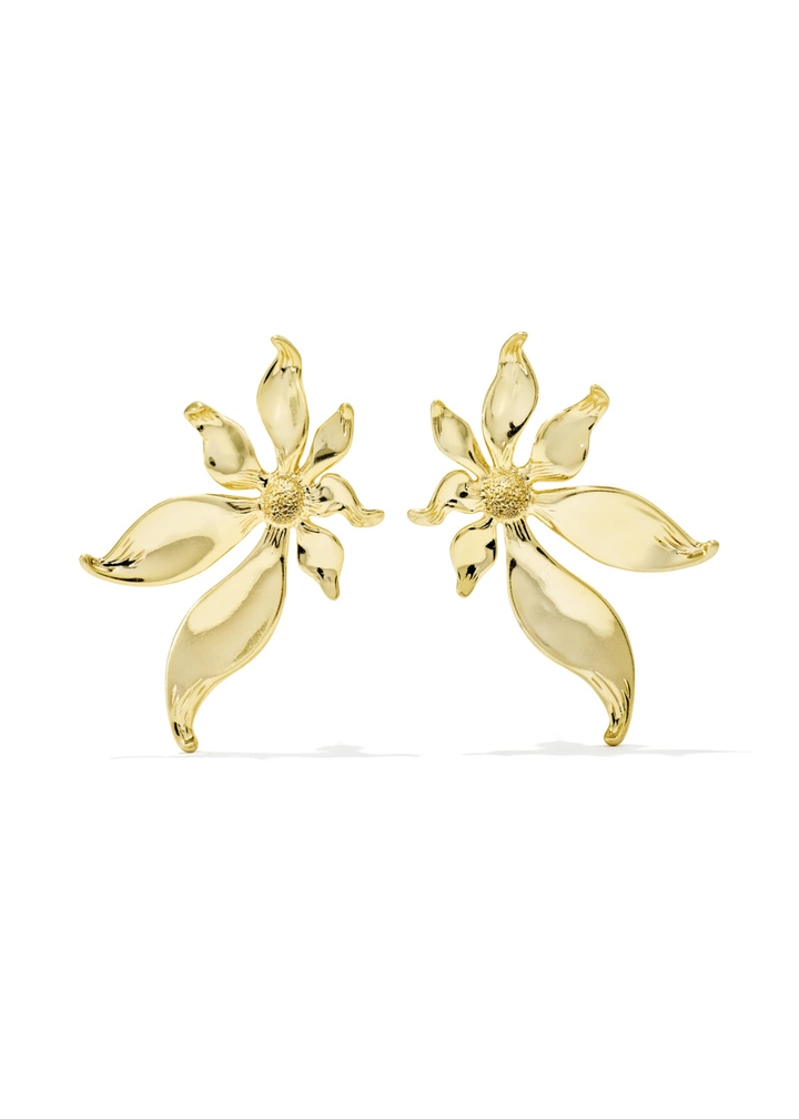 Gold flower stud earrings on a white background