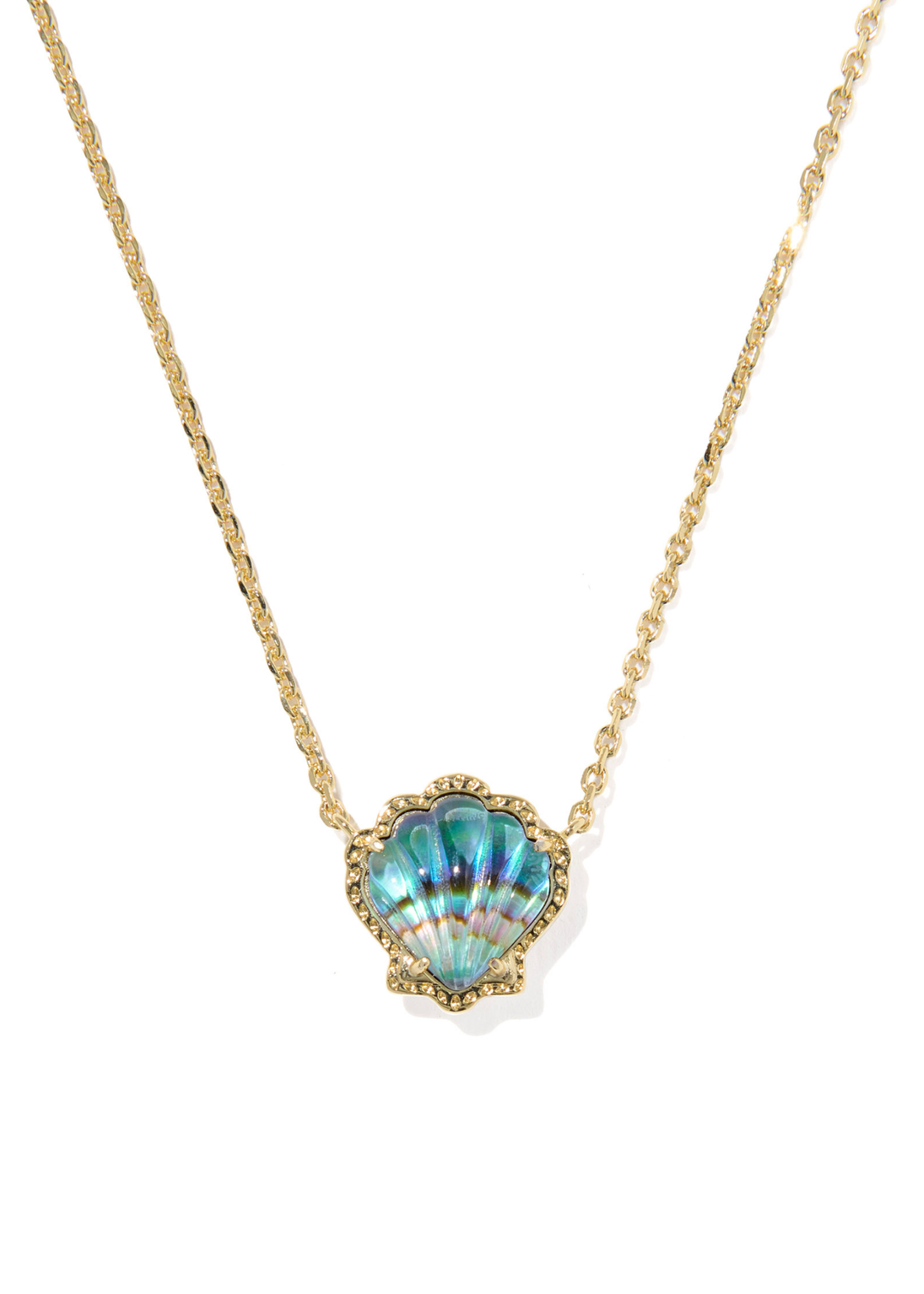 Gold necklace with a blue shell shaped pendant on a white background