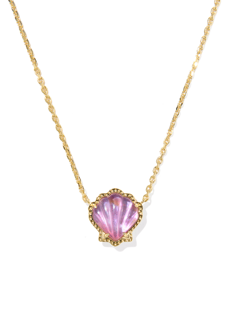 Gold necklace with a purple shell shaped pendant on a white background