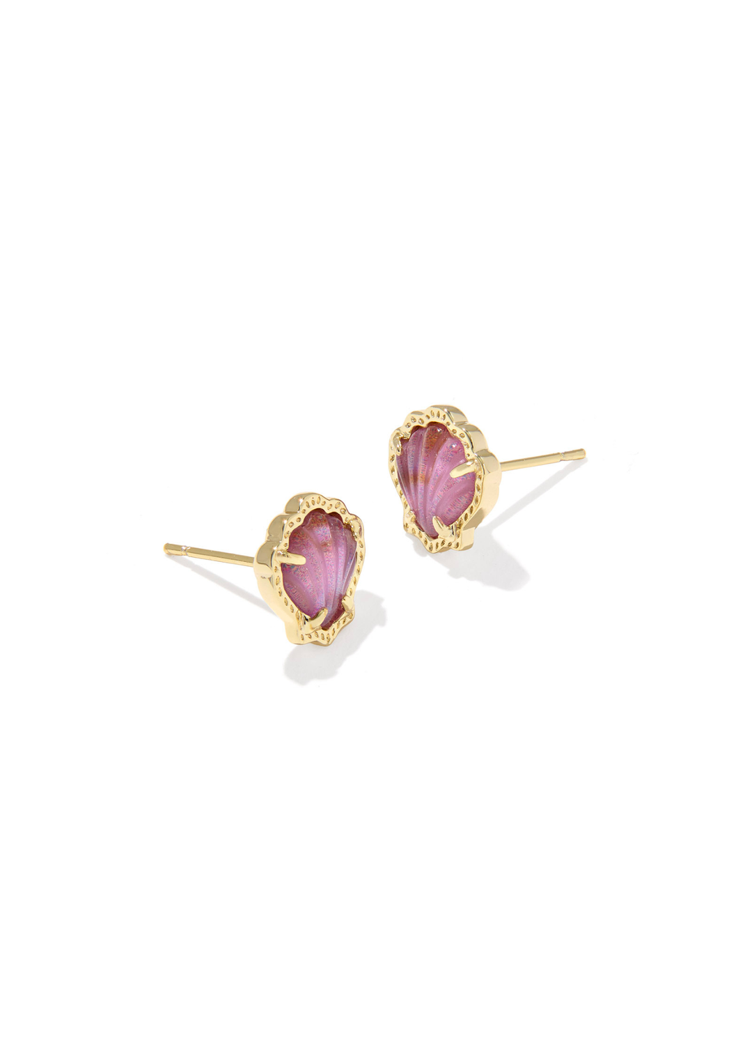 Gold framed shell shaped stud earrings with a purple stone against a white background