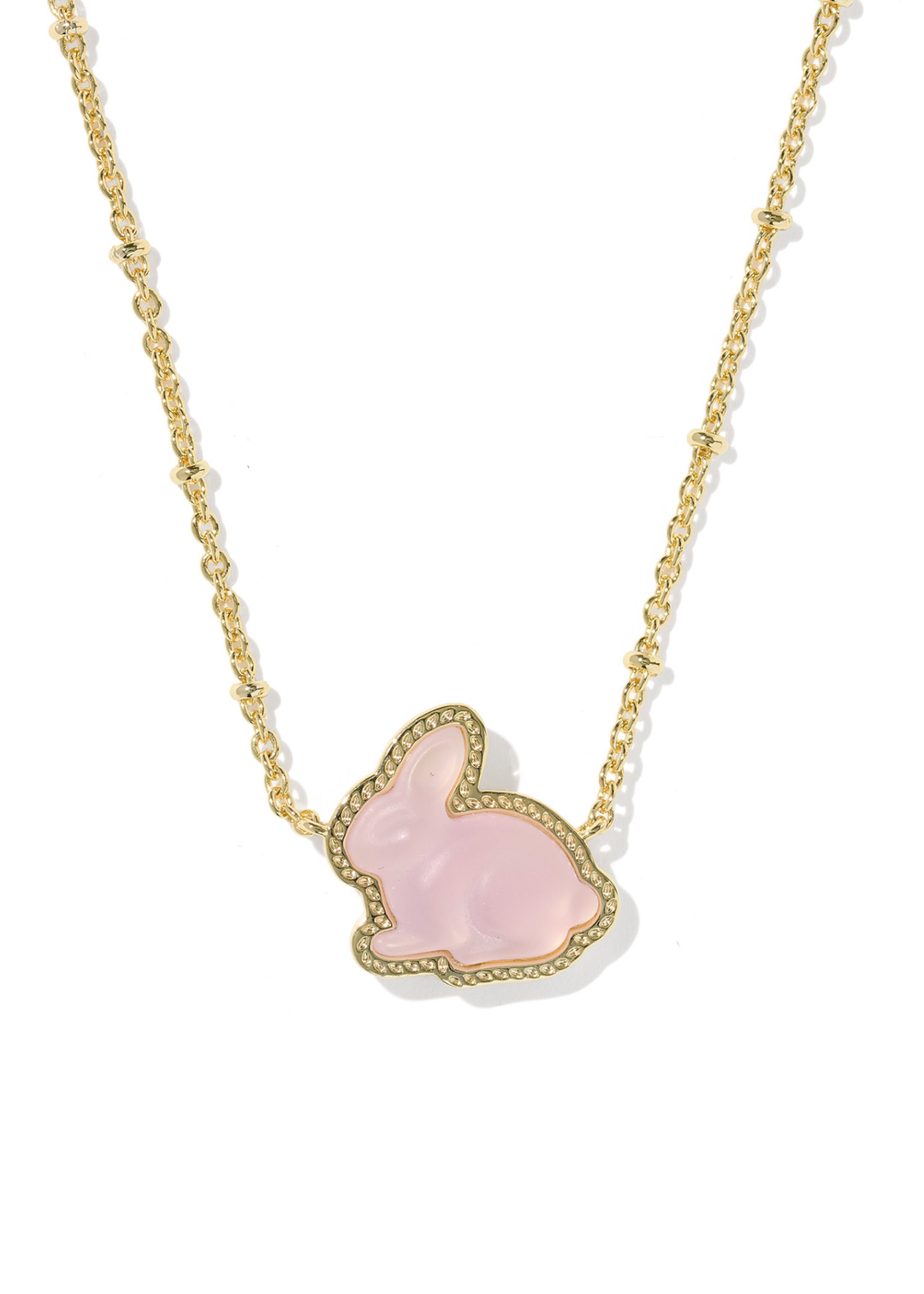 Pink bunny pendant necklace with a gold chain on a white background