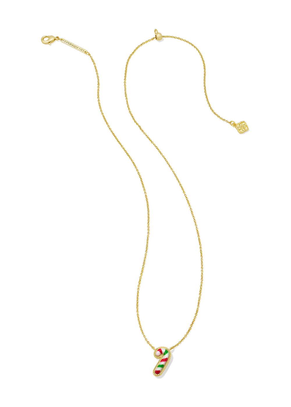 Gold necklace with a red, white, and green candy cane pendant
