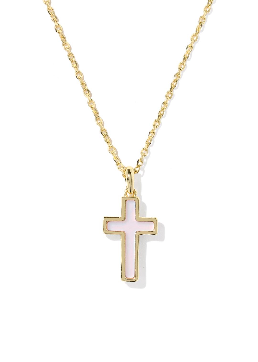 Gold framed cross pendant with a pink center stone on a gold chain