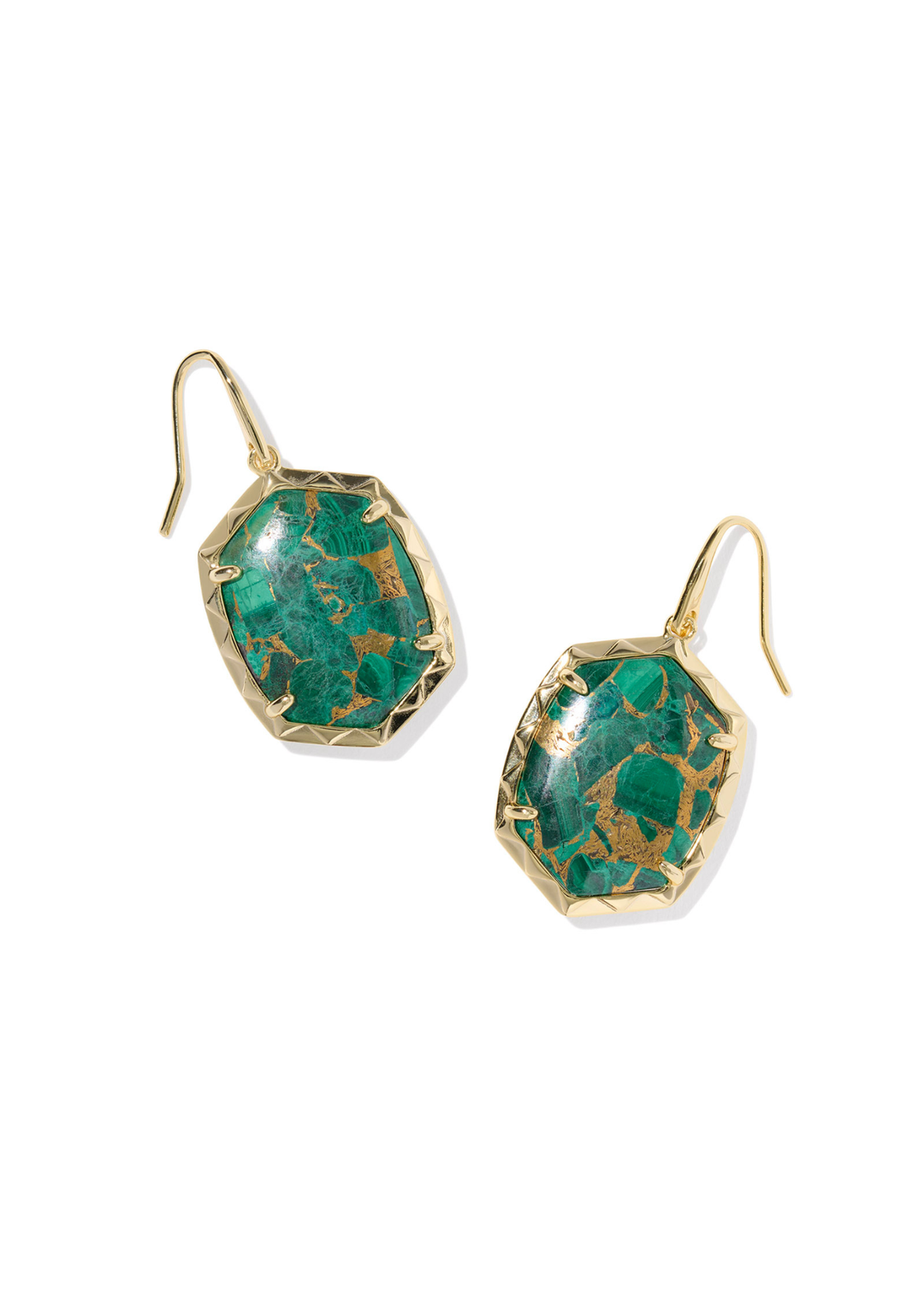 Gold framed drop earring with a green malachite center stone laying on a white background
