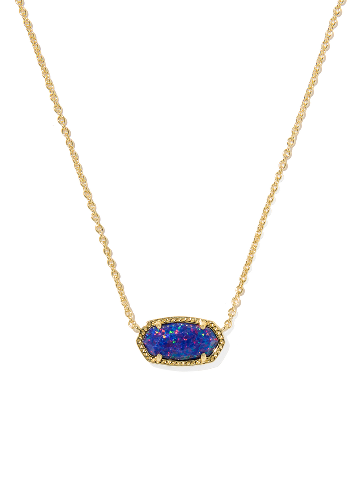 Gold necklace with a dark blue opal pendant on a white background