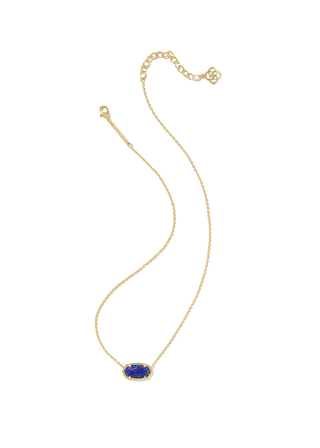 Gold necklace with a dark blue opal pendant on a white background