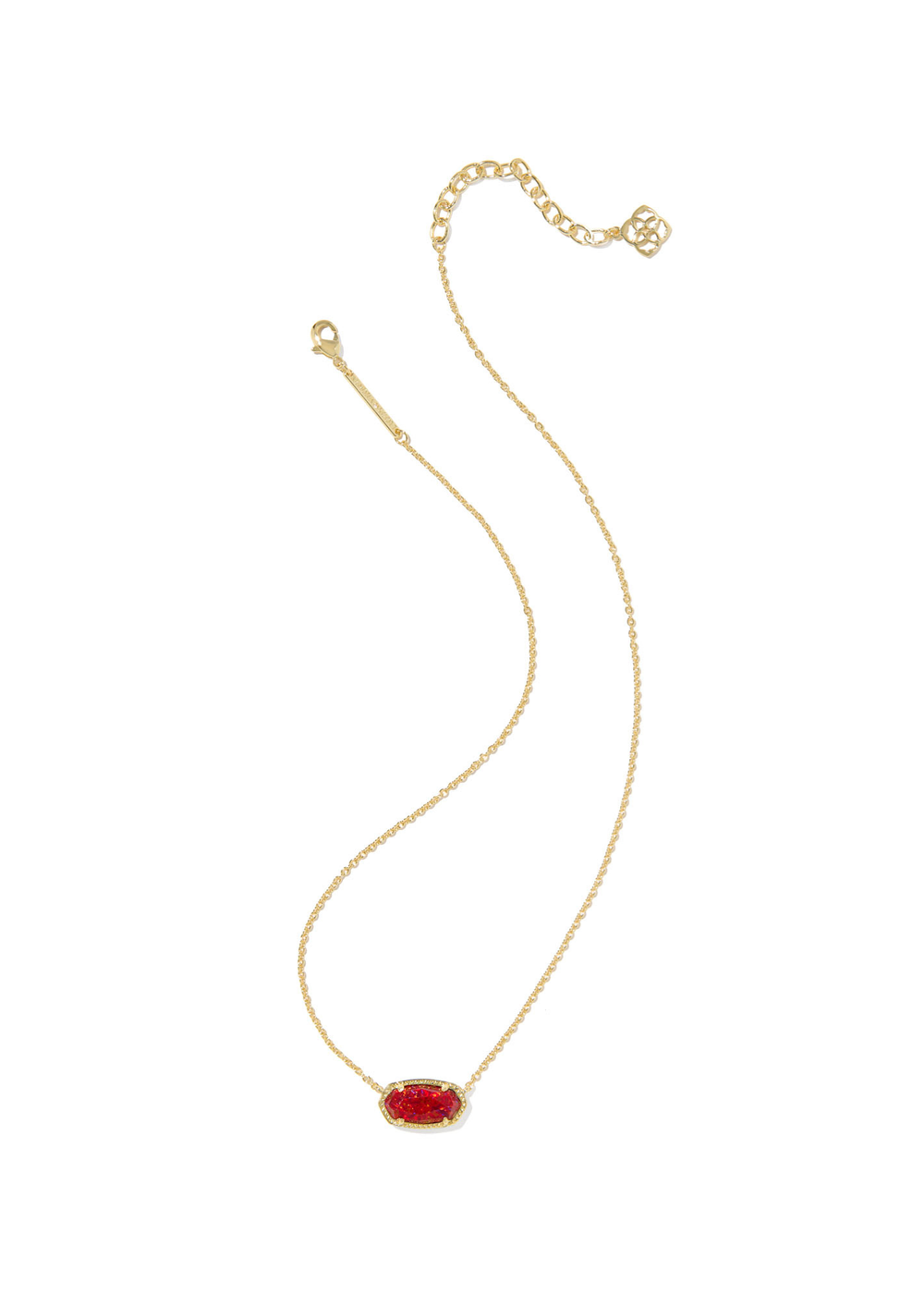 Gold necklace with a red opal pendant on a white background