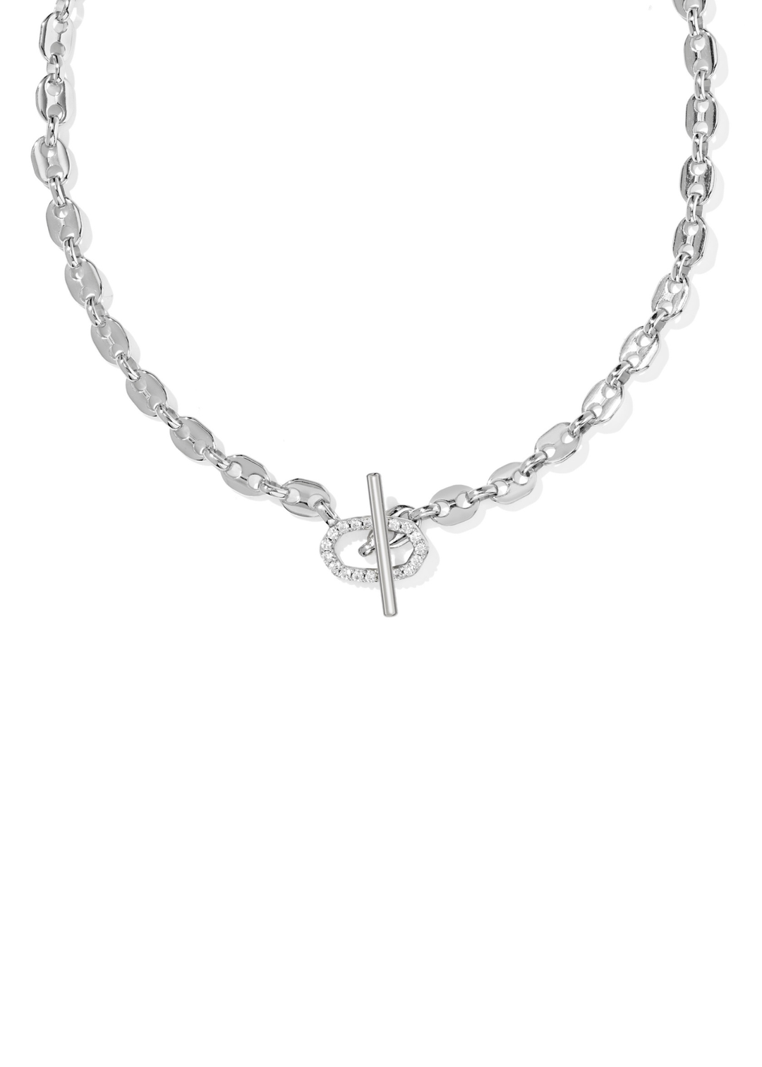 Rhodium link and chain necklace with a CZ studded toggle clasp on a white background