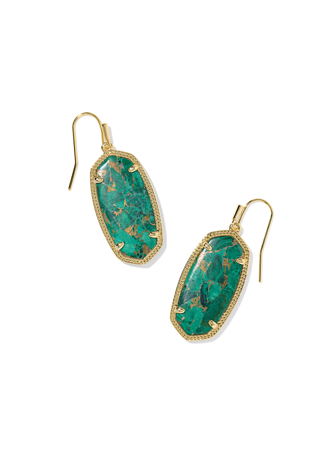 Large gold framed earrings with a green malachite stone laying on a white background
