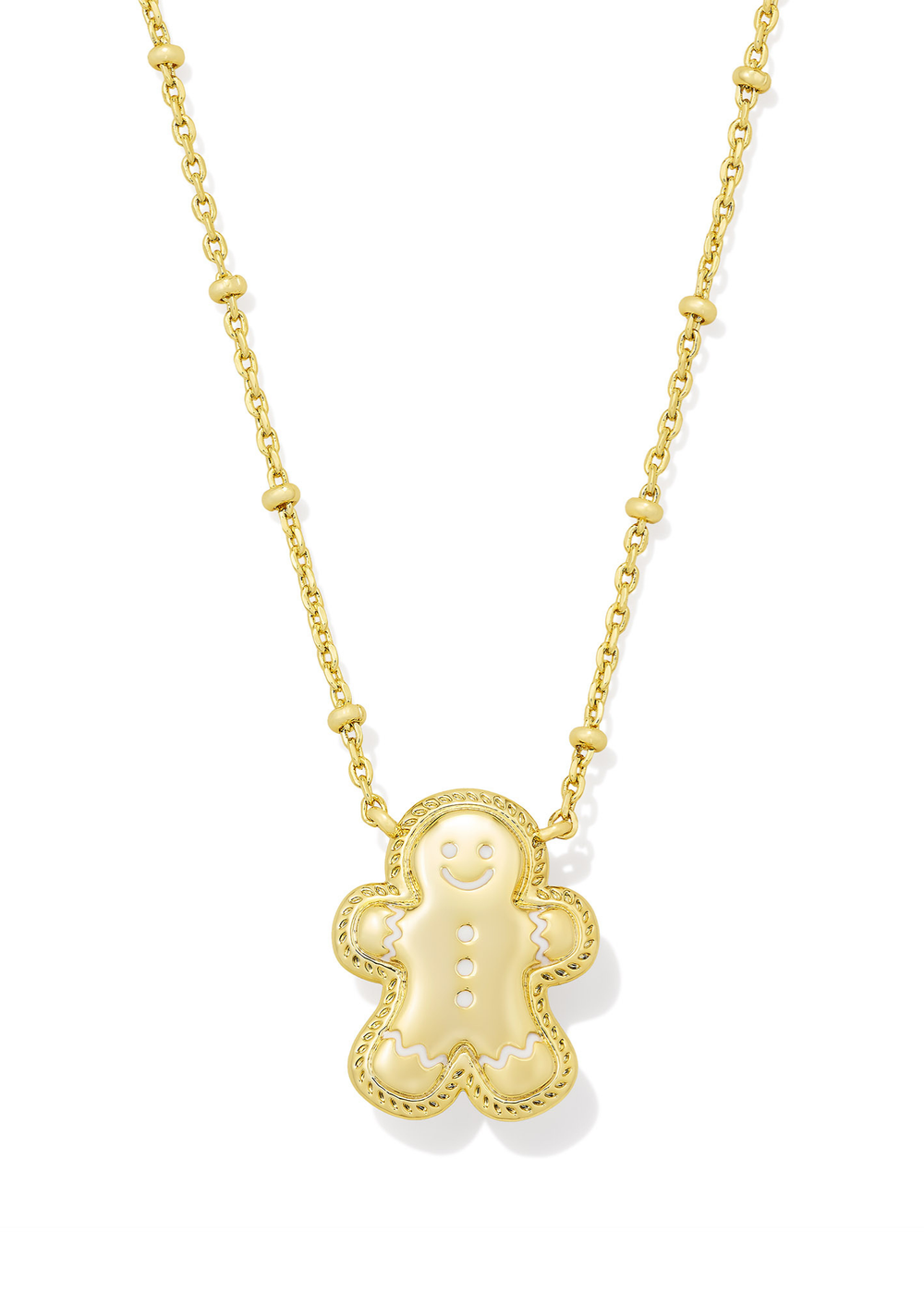 Gold necklace with a gold gingerbread pendant on a white background