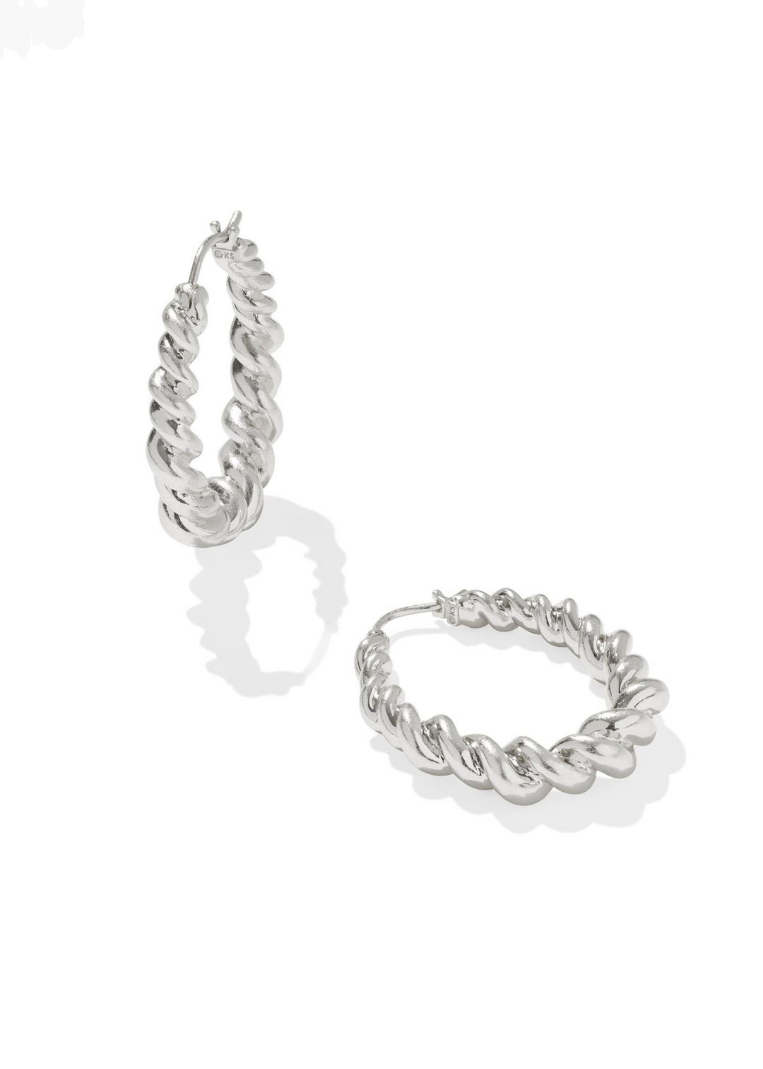 Kendra Scott Haisley Hoop Earrings in Rhodium, twisted hoop earrings in rhodium on a white background