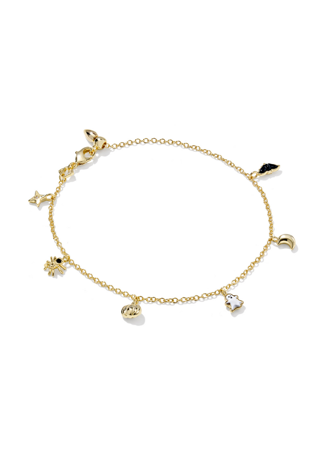 Gold delicate chain bracelet with halloween charms on a white background