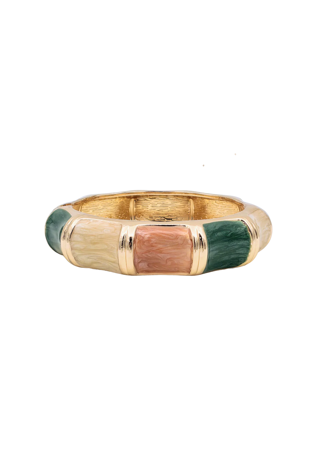 Gold, pink, green, and tan bangle bracelet on a white background