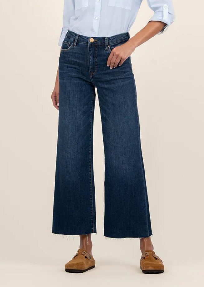 women's dark wash wide leg jeans with raw hem