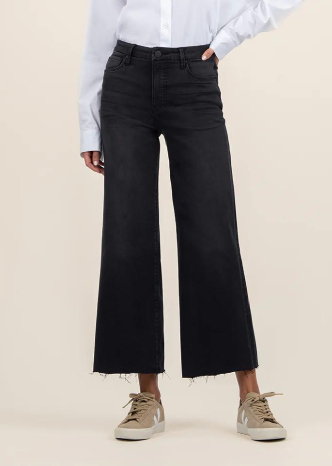 washed black wide leg raw hem denim jeans