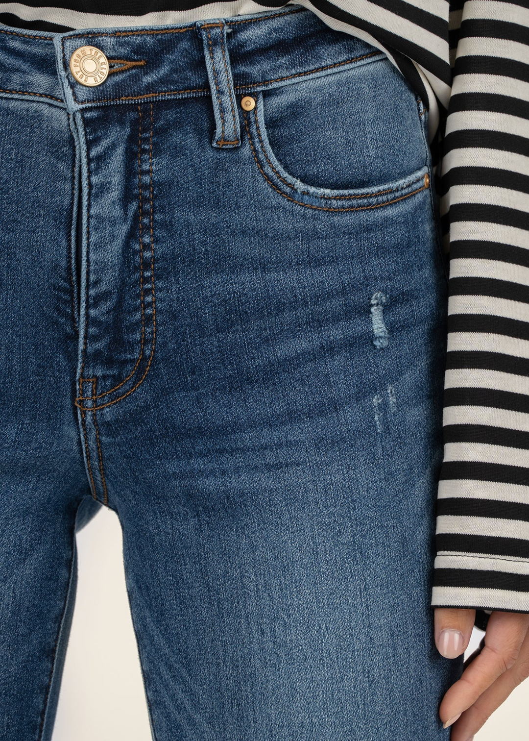 Close up of blue medium wash jeans