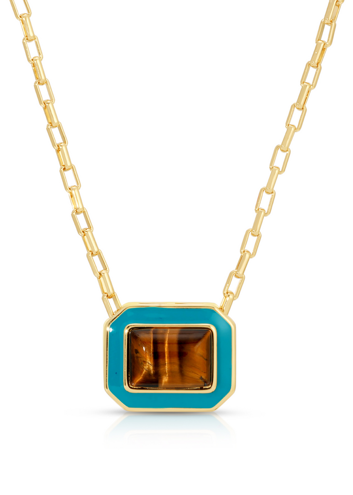 Leeada Lamill Statement Square Enamel Necklace in Gold/Tiger's Eye/Turquoise Enamel