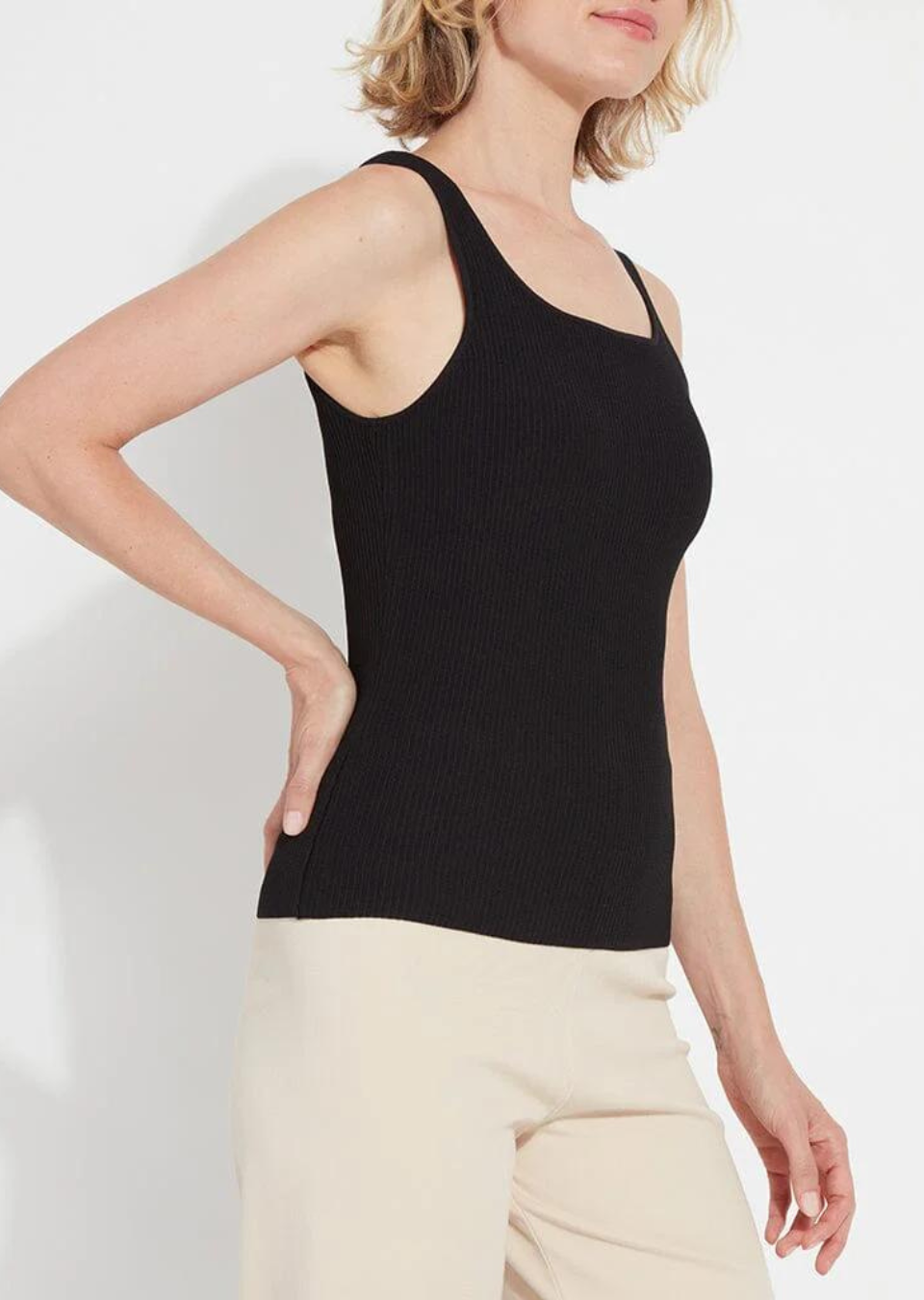 black ribbed knit square neck fitted tank top