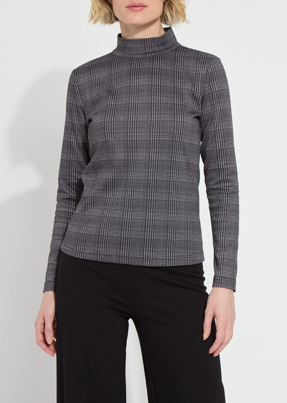 grey and black plaid mock neck long sleeve top