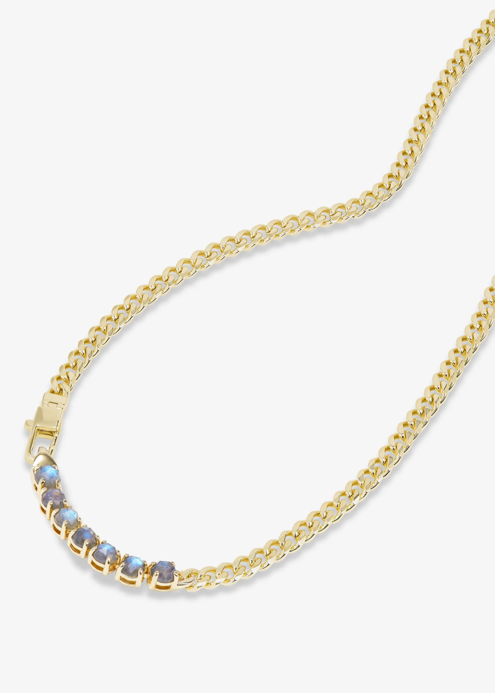 Gold chain necklace with seven labradorite stones on a white background