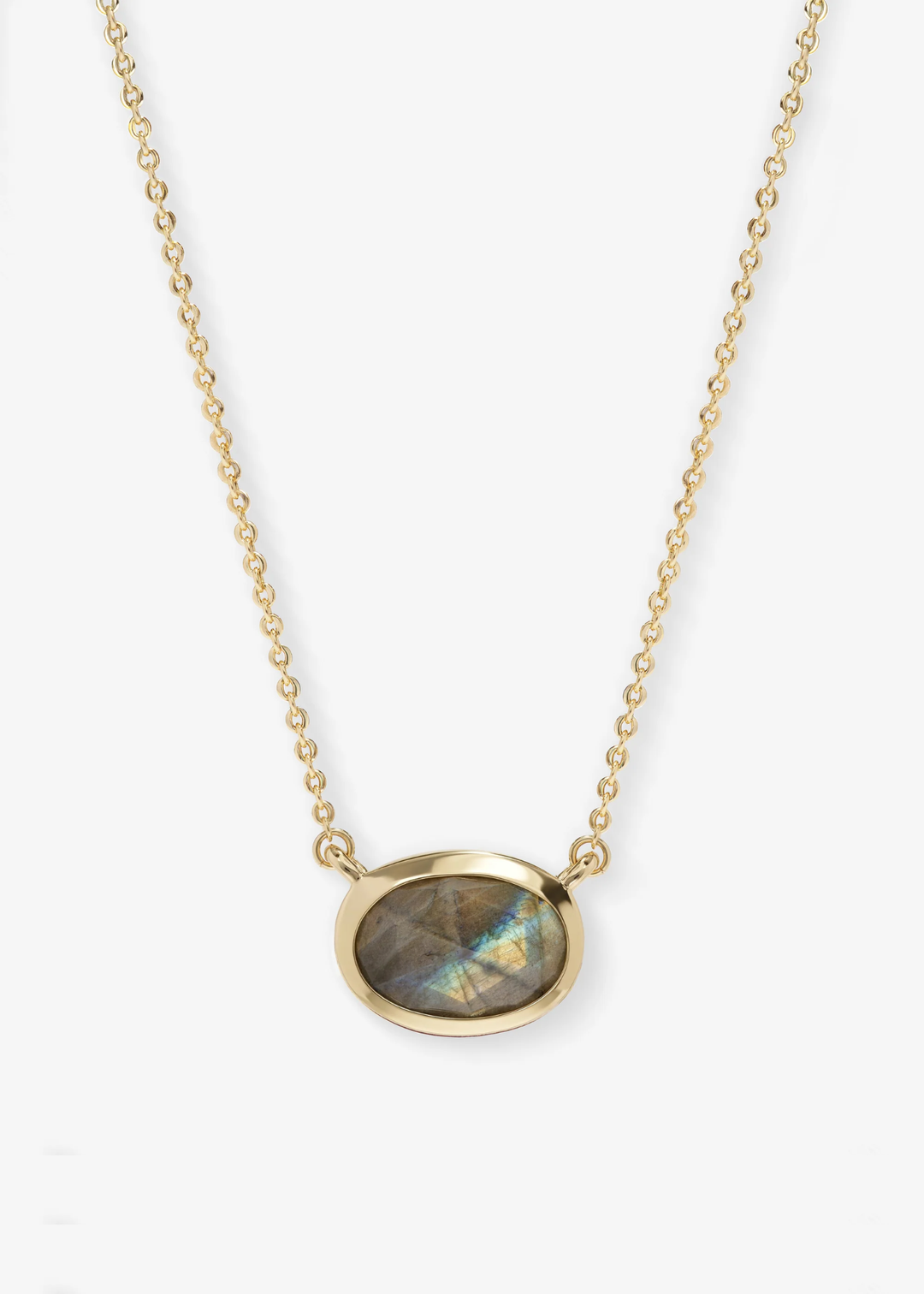 Gold framed labradorite pendant necklace on a white background