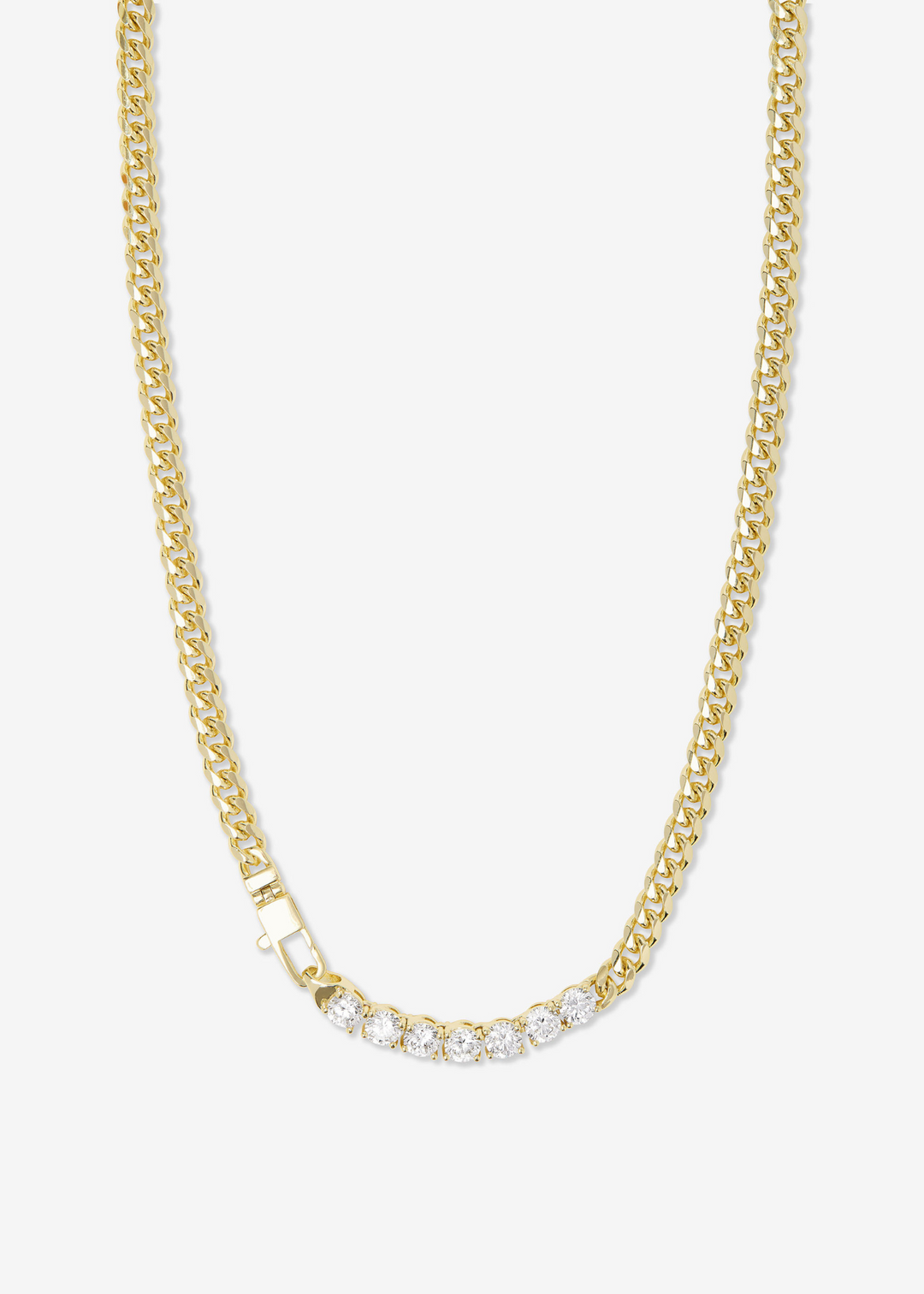 Gold chain necklace with round simulated diamonds on a white background