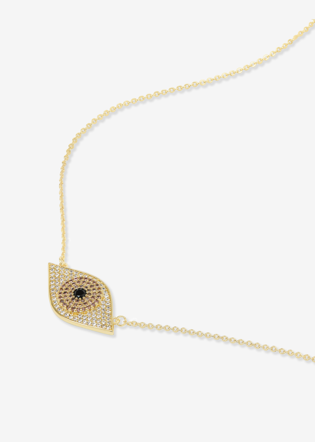 Gold necklace with an evil eye pendant on a white background