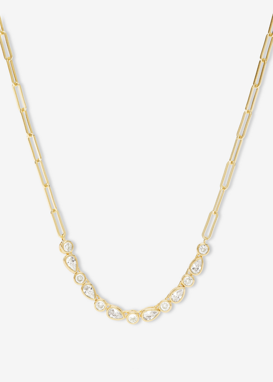 Gold chain necklace with white CZ stones on a white background