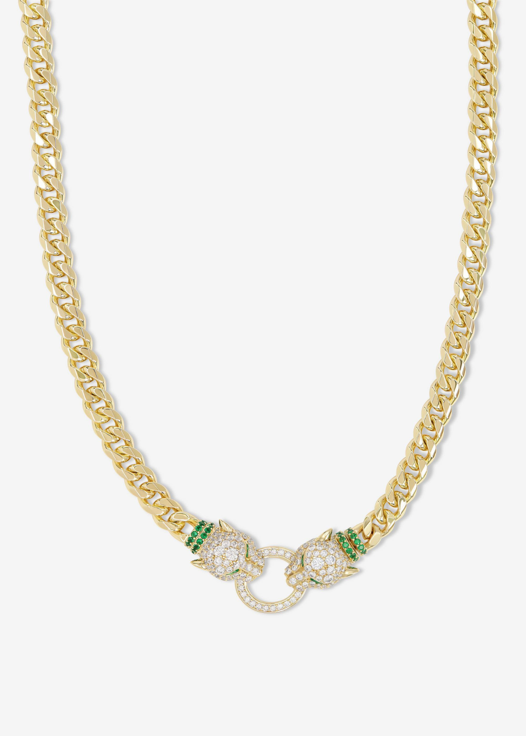 Gold chain necklace with two pave jaguar heads 