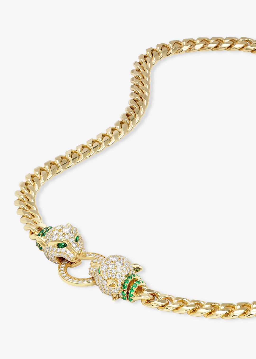 Gold chain necklace with two pave jaguar heads 