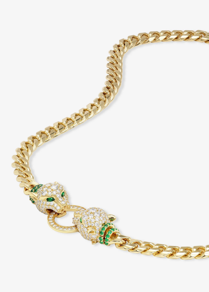 Gold chain necklace with two pave jaguar heads 