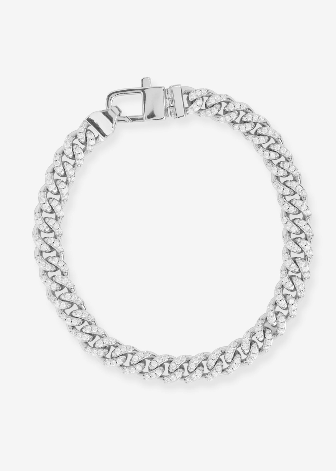 A silver chain bracelet with pave CZs on a white background