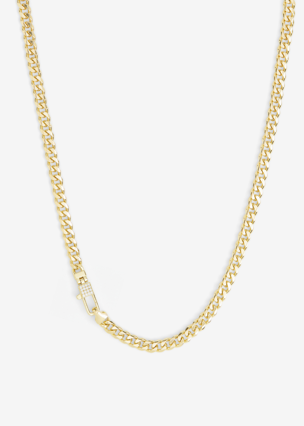 Gold chain necklace with a lock clasp and pave accents on a white background