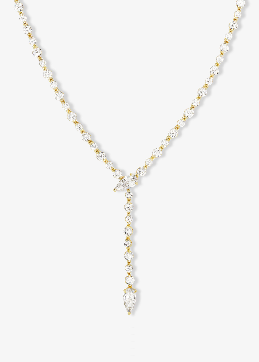Gold simulated diamond tennis lariat necklace on a white background