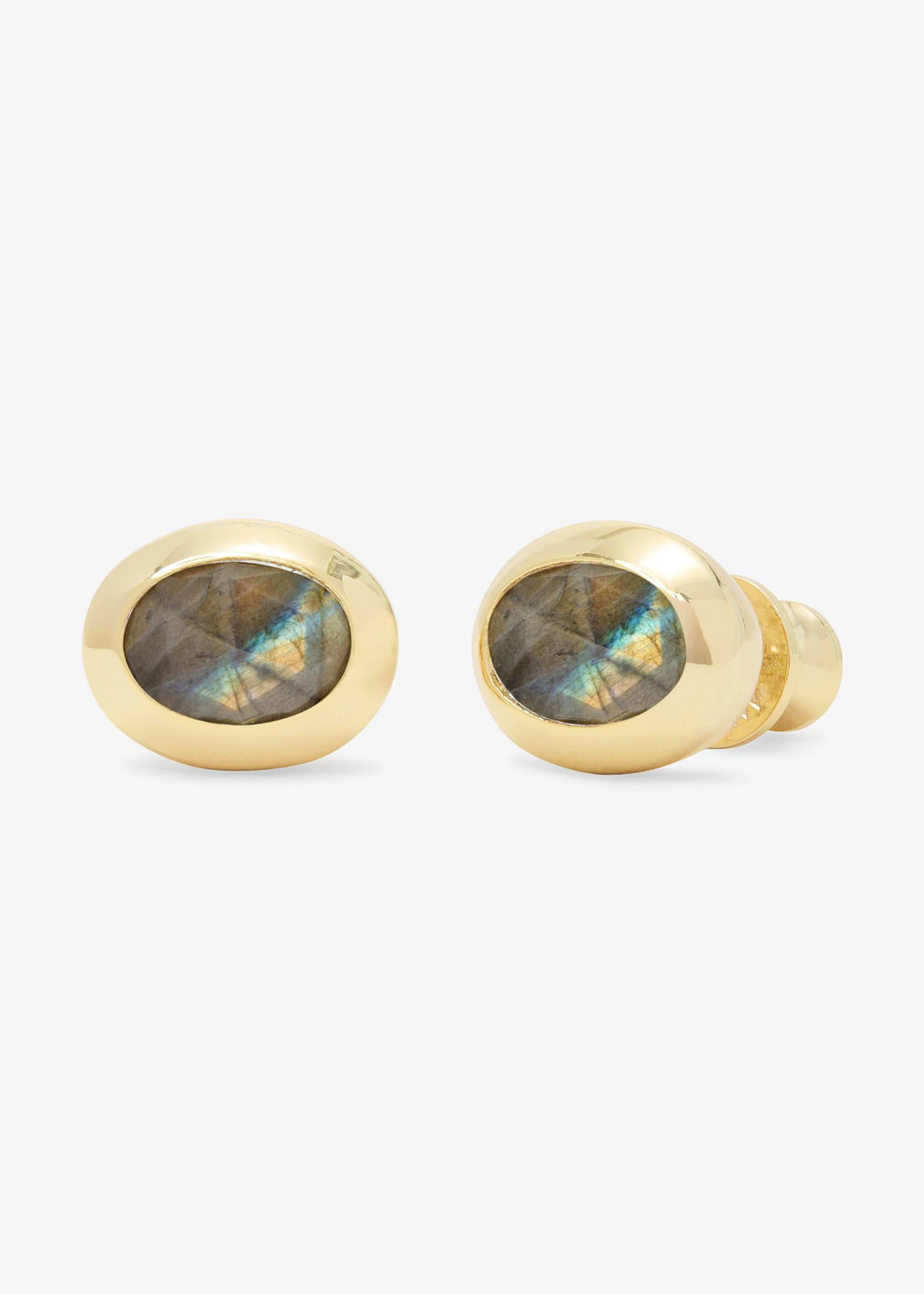 Gold framed labradorite stud earrings on a white background