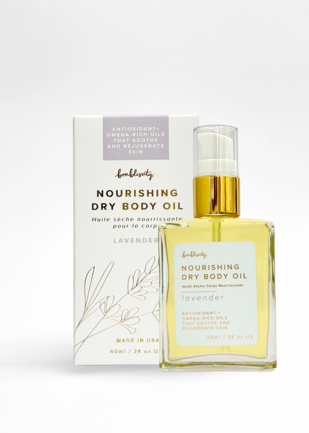 Lavender nourishing body oil bottle and package