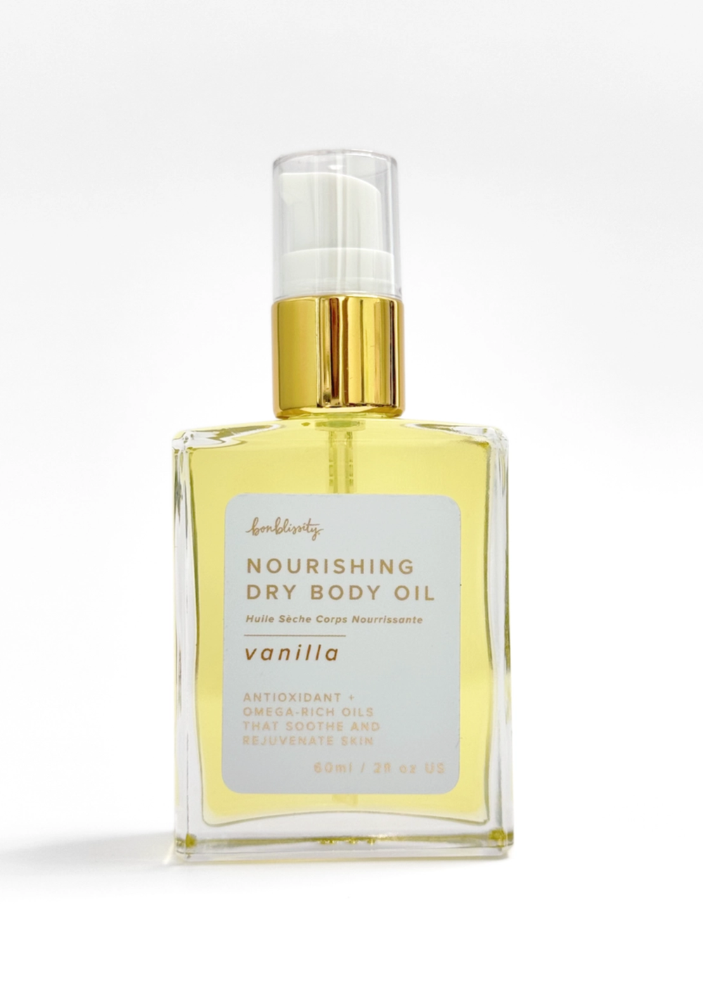 Vanilla scented nourishing dry body oil bottle