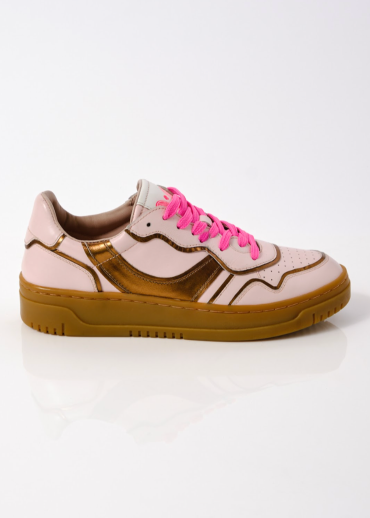 pink and bronze metallic sneakers with gummy soles and hot pink laces