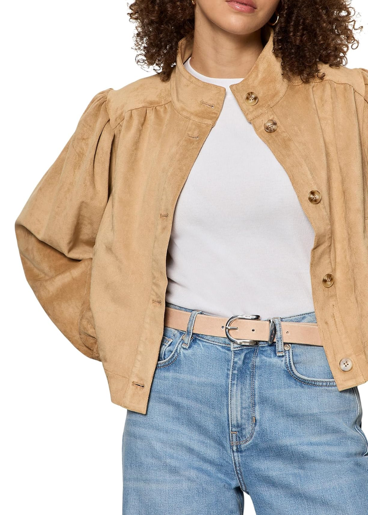 Woman wearing a brown suede jacket