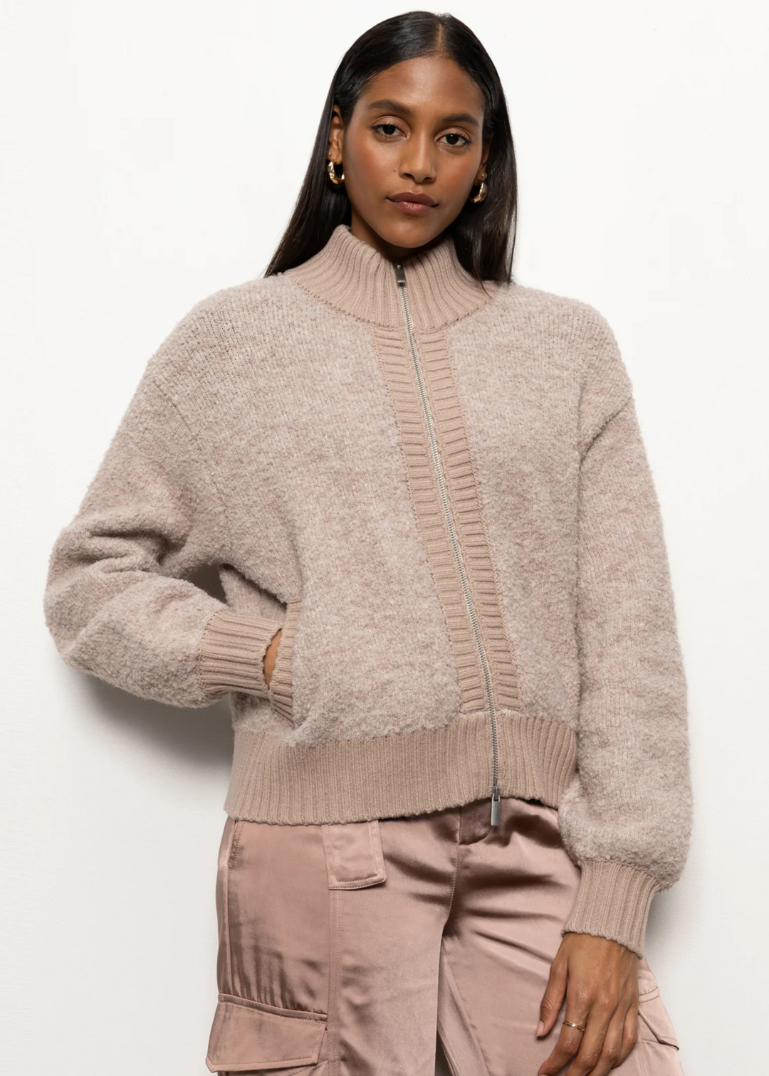 Sanctuary Clothing Boucle Knit Bomber Sweater in Feather