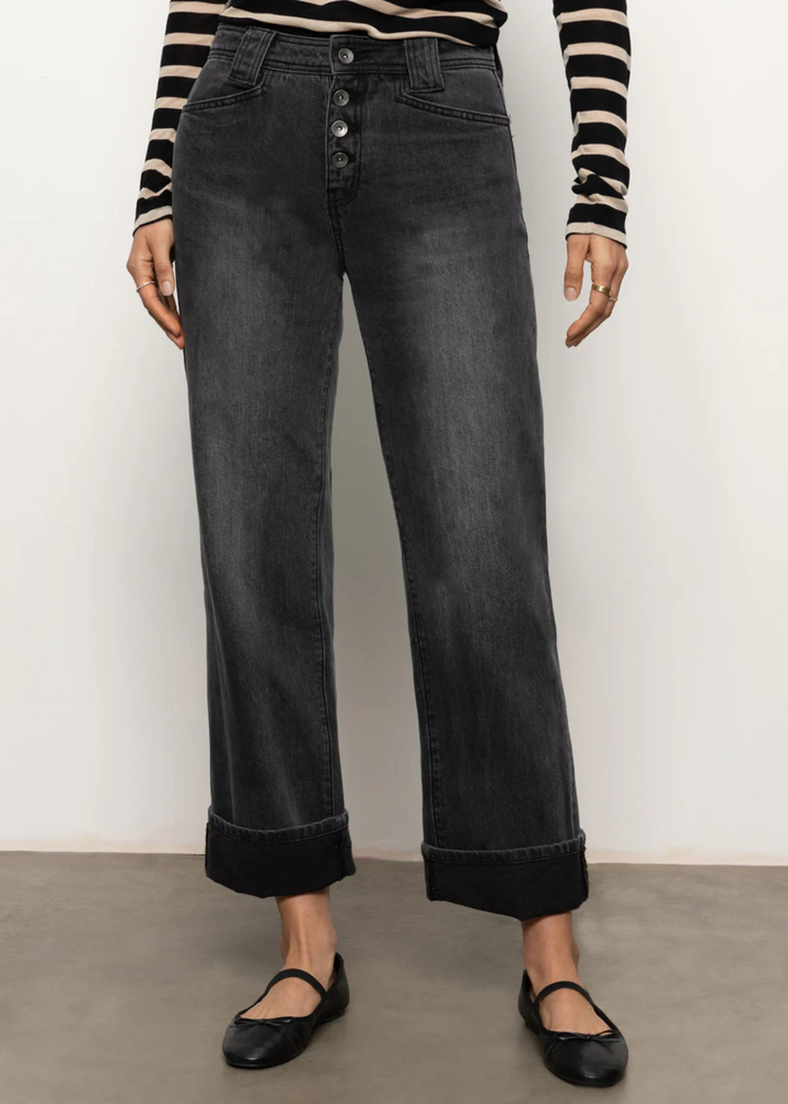 wasted black wide leg cuffed dent, jeans with button fly