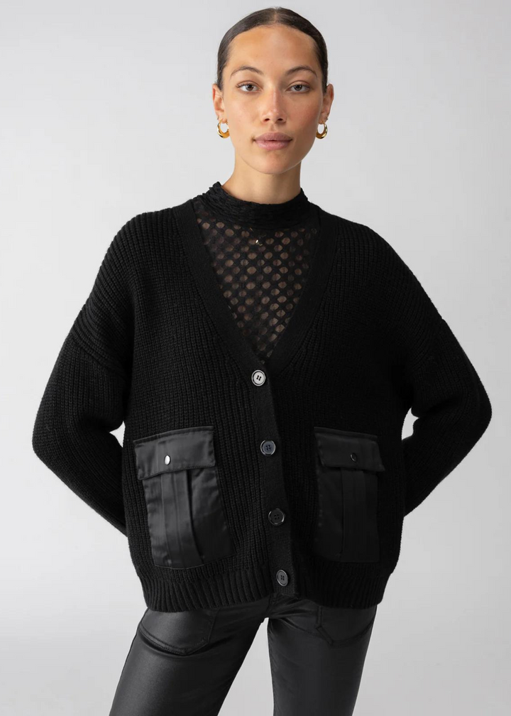 black knit v-neck cardigan with satin cargo pockets